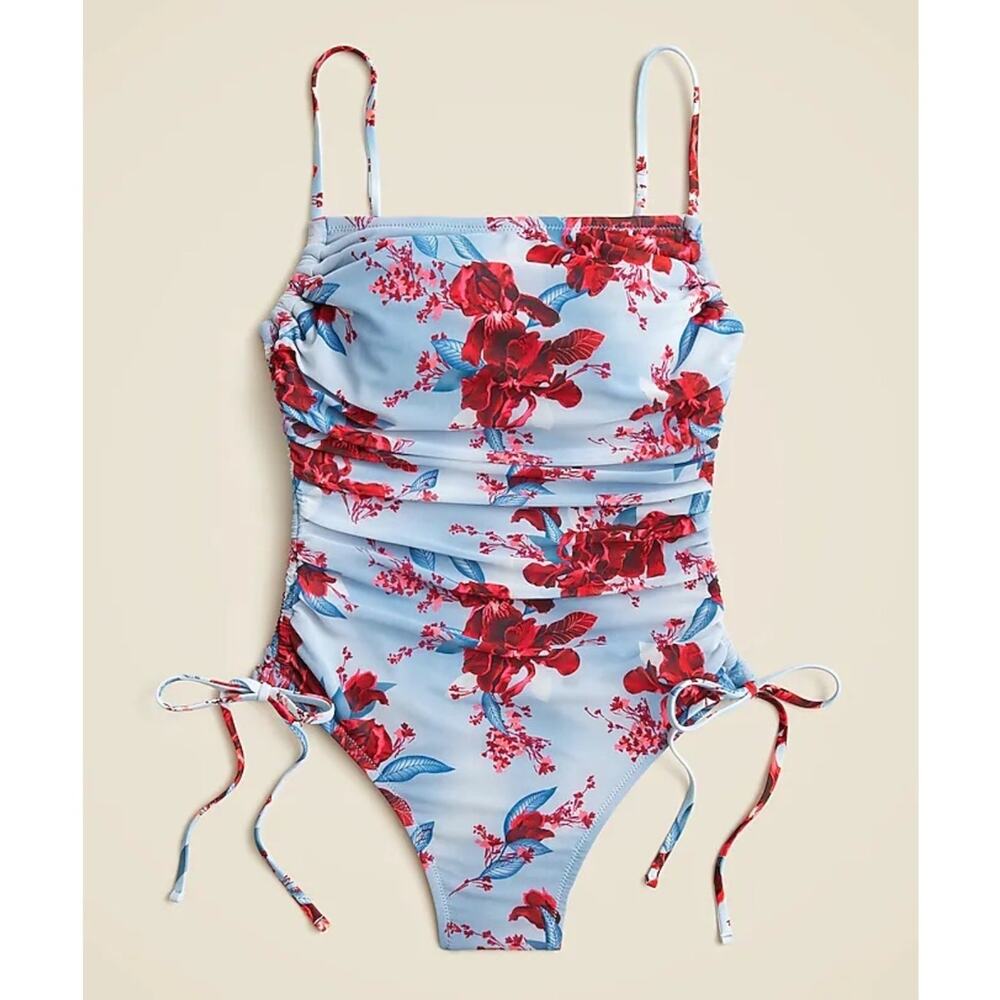 J.Crew One Piece Swimsuit WMNS 20 Blue Red Floral Ruched Side Tie Plus Resort